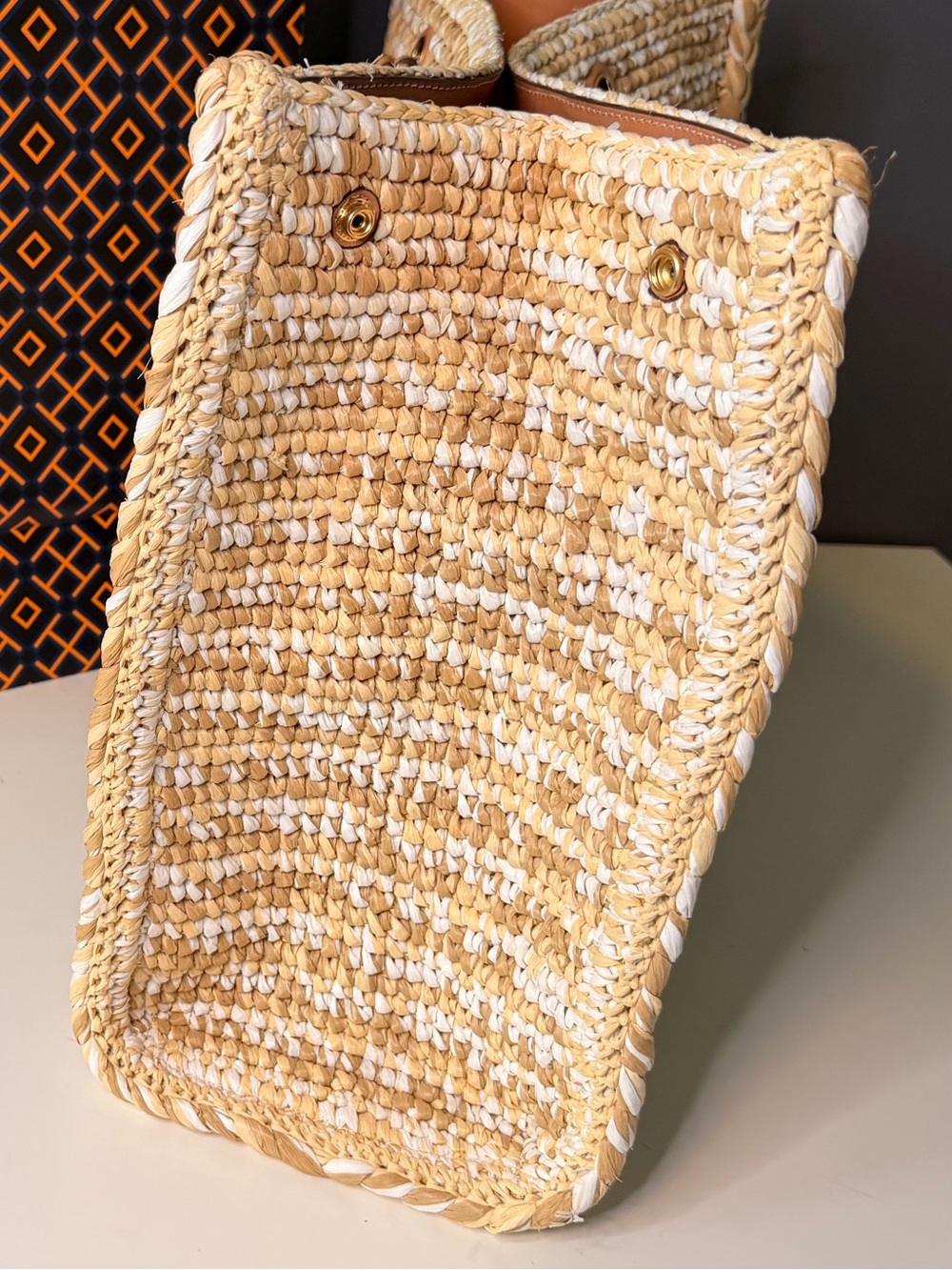 NWOT - Tory Burch Ella Raffia Tote - Cream & White - Picture 3 of 12